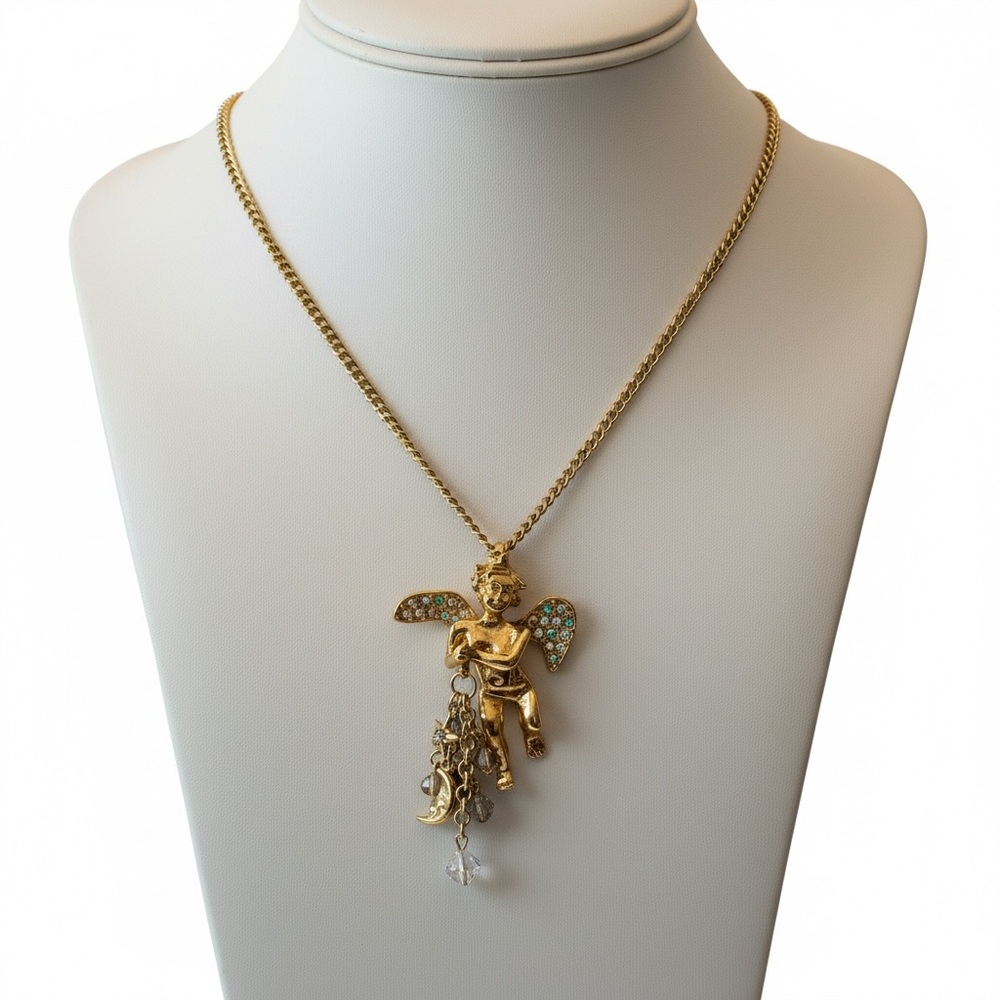 Kirks Folly Angel Fairy Necklace Gold Tone Rhinestone Charm Dangles